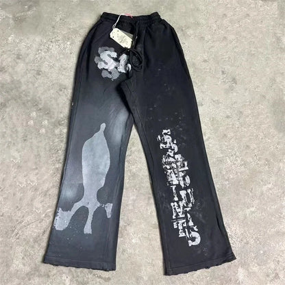 High Street Men Women Hip Hop Best Pants Vintage SAINT LOUIS Drawstring Destruction Splattered Ink Letters Print Sweatpants