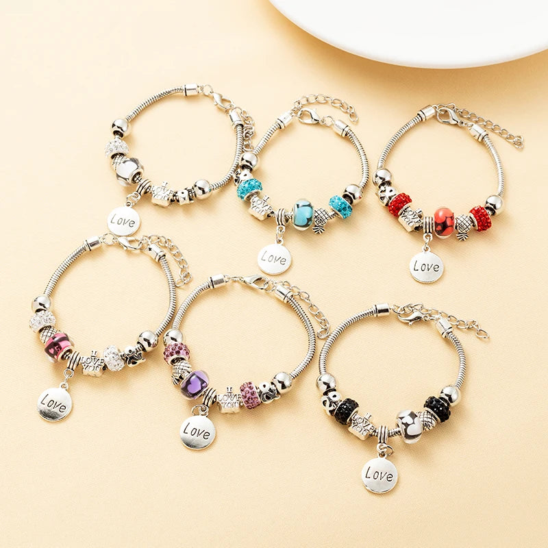 Round Letter Love Zircon Crystal Pendant for Women's Fashion Pandora Collection Charm Jewelry Gift Party Charm Beaded Bracelet