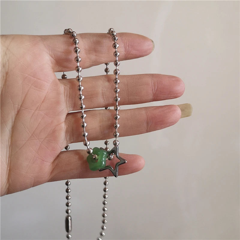 Kpop Vintage Punk Silver Color Star Pendant Bead Necklace for Men Women Street Hip Hop Aesthetic Grunge Jewelry Y2K Accessories