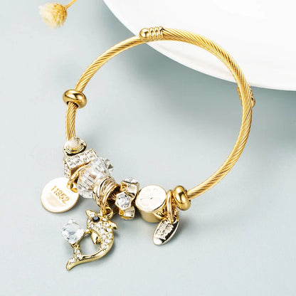 Stainless Steel Mixed Beads Butterfly Adjustable Bracelet with Crystals Letter Tag for Women DIY Jewelry