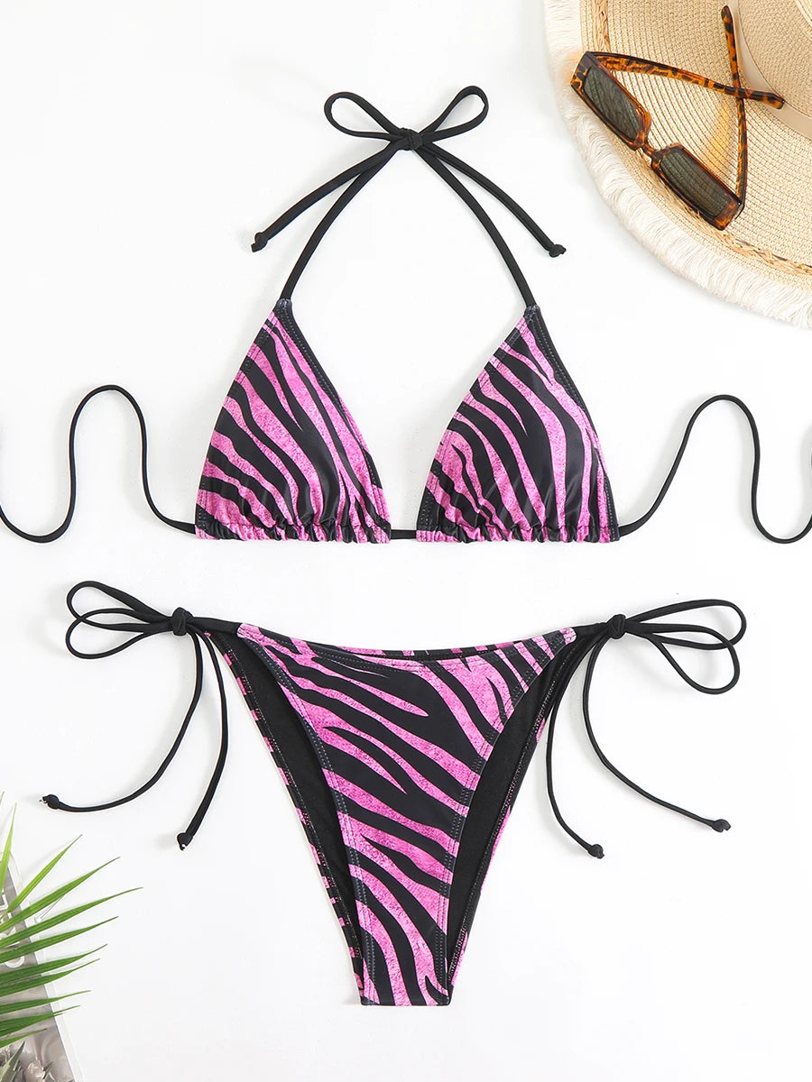Sexy Striped Micro Bikini 2025 Trend Women Swimsuit Female Halter Swimwear Thong Bikinis Set Two-piece Beachwear Bathing Suit