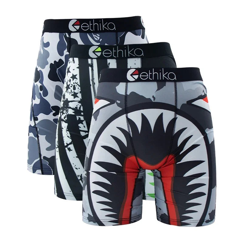 3Pcs ETHIKA Sexy Men Underwear Boxers Fashion Shark Print Underpants Breathable Panties Lingeries Plus Size Boxer Briefs Trunks