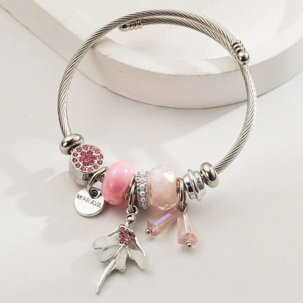 Stainless Steel Mixed Beads Butterfly Adjustable Bracelet with Crystals Letter Tag for Women DIY Jewelry