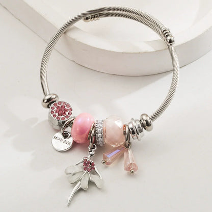 Stainless Steel Mixed Beads Butterfly Adjustable Bracelet with Crystals Letter Tag for Women DIY Jewelry