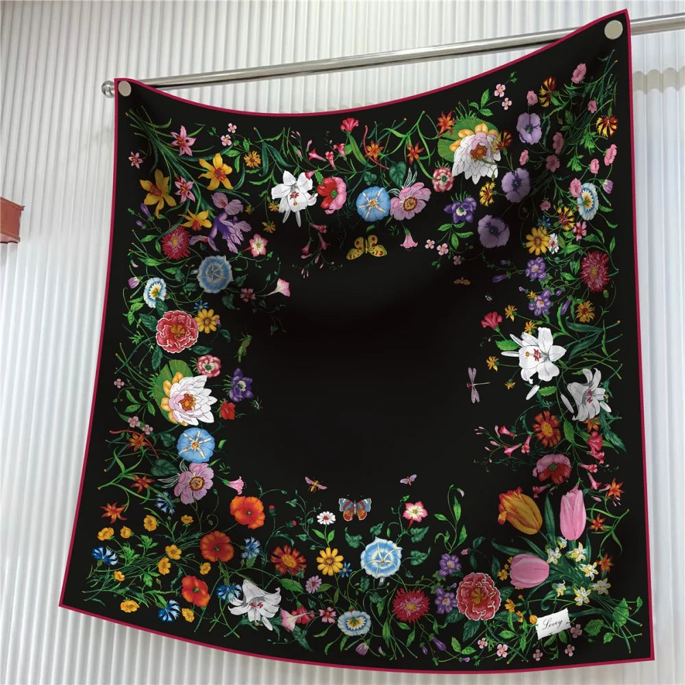 Silk Scarf Women Floral Printed Square Scarves Head Echarpes Silk Foulards Femme Wraps Beach Shawls Bandana Lady Hijabs 90CM