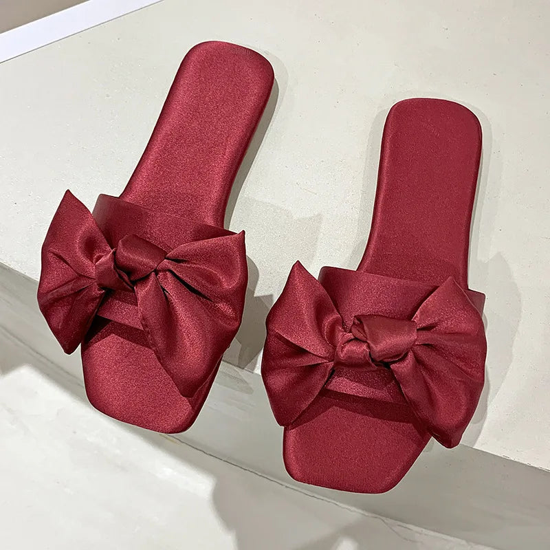 Women Beach Slippers 2024 Summer Flat Shoes Woman Slip On Slides Silk Style Female Slip On Sandals Girls Indoor Outdoor Slippers
