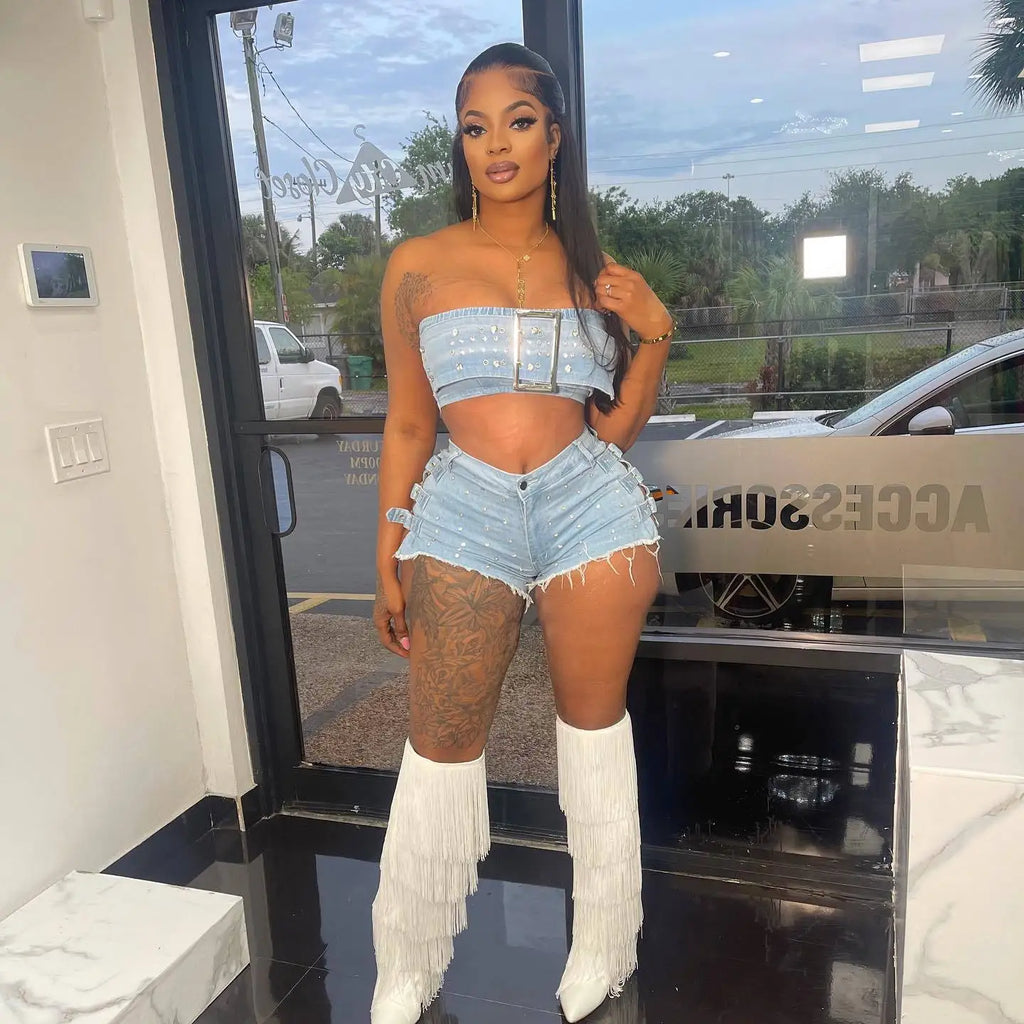 Streetwear Jeans Shorts Outfit Set Sexy Women Elegant Two Pieces Denim Club Matching Set Top+Shorts