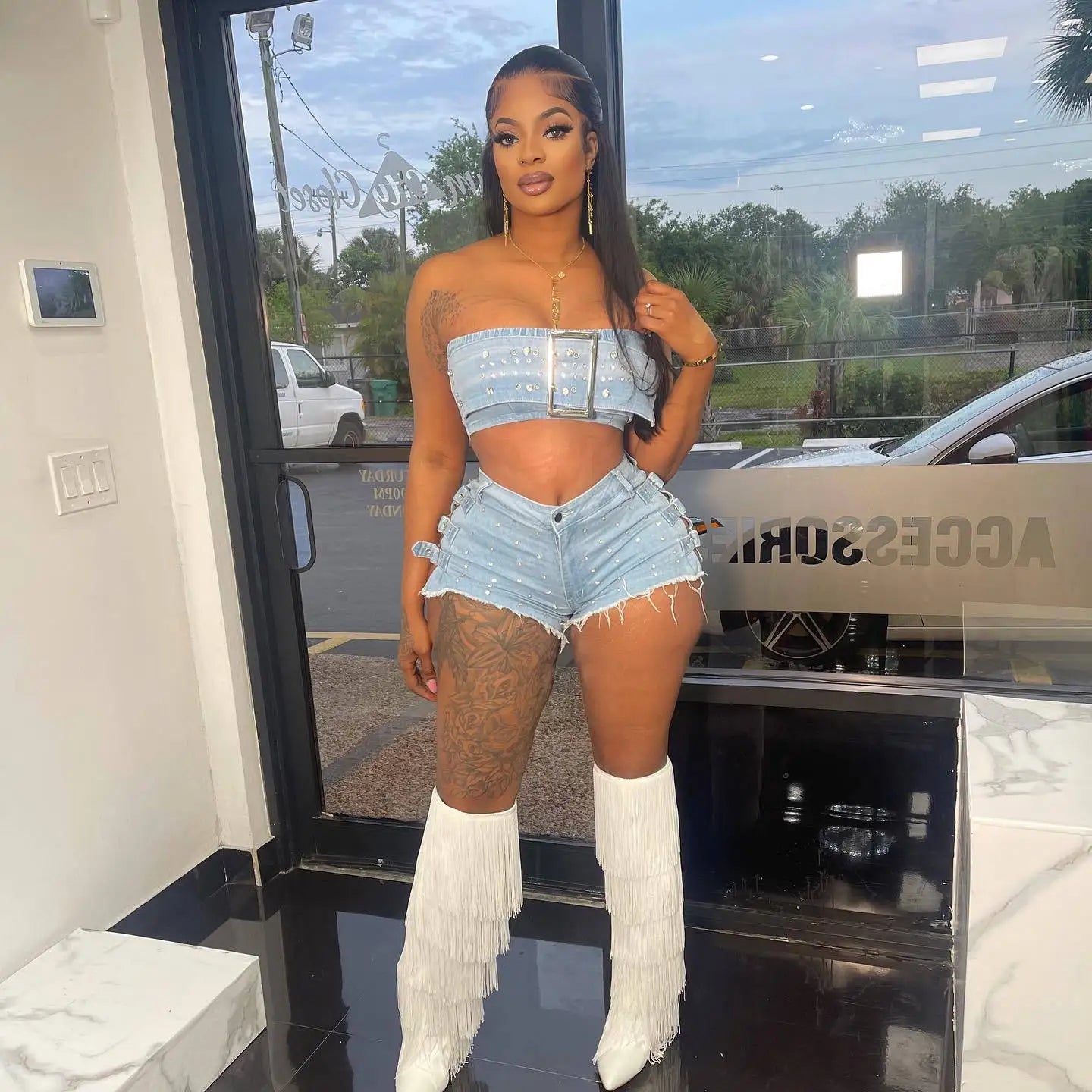 Streetwear Jeans Shorts Outfit Set Sexy Women Elegant Two Pieces Denim Club Matching Set Top+Shorts