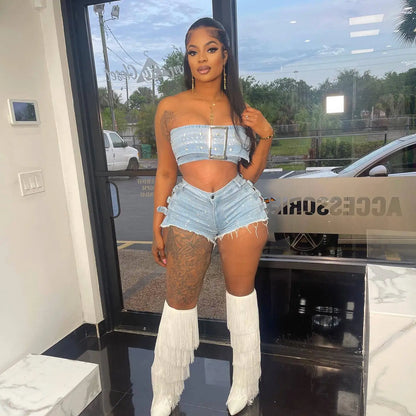 Streetwear Jeans Shorts Outfit Set Sexy Women Elegant Two Pieces Denim Club Matching Set Top+Shorts