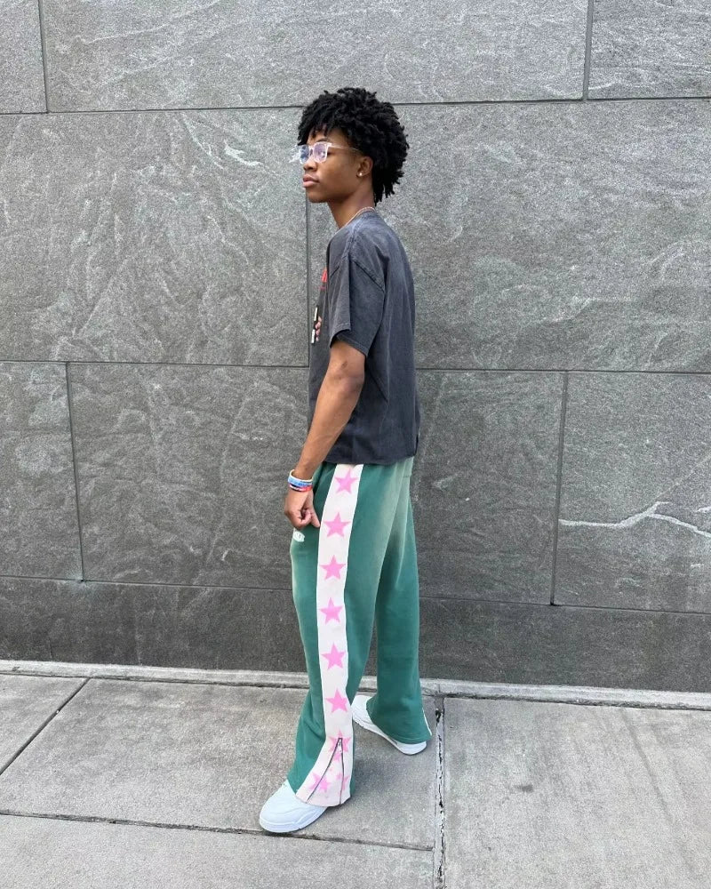 High Street Hip Hop Flared Sweatpants Striped Side Zipper Design Elastic Waist Wide-Leg American Retro Trend pants
