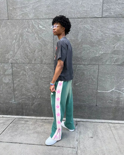 High Street Hip Hop Flared Sweatpants Striped Side Zipper Design Elastic Waist Wide-Leg American Retro Trend pants