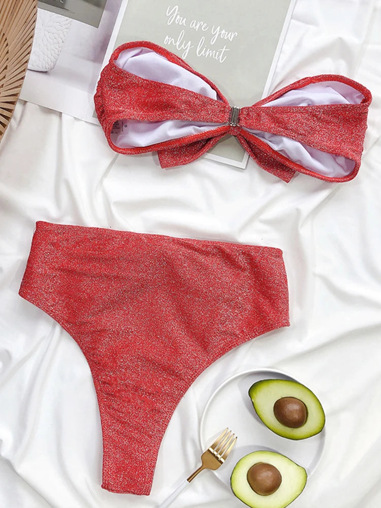 2023 New Sexy Flash Bikini High Waist Swimsuit Women Bandeau Push Up Swimwear Female Bow-knot Bikini Set Bathing Suit Beachwear