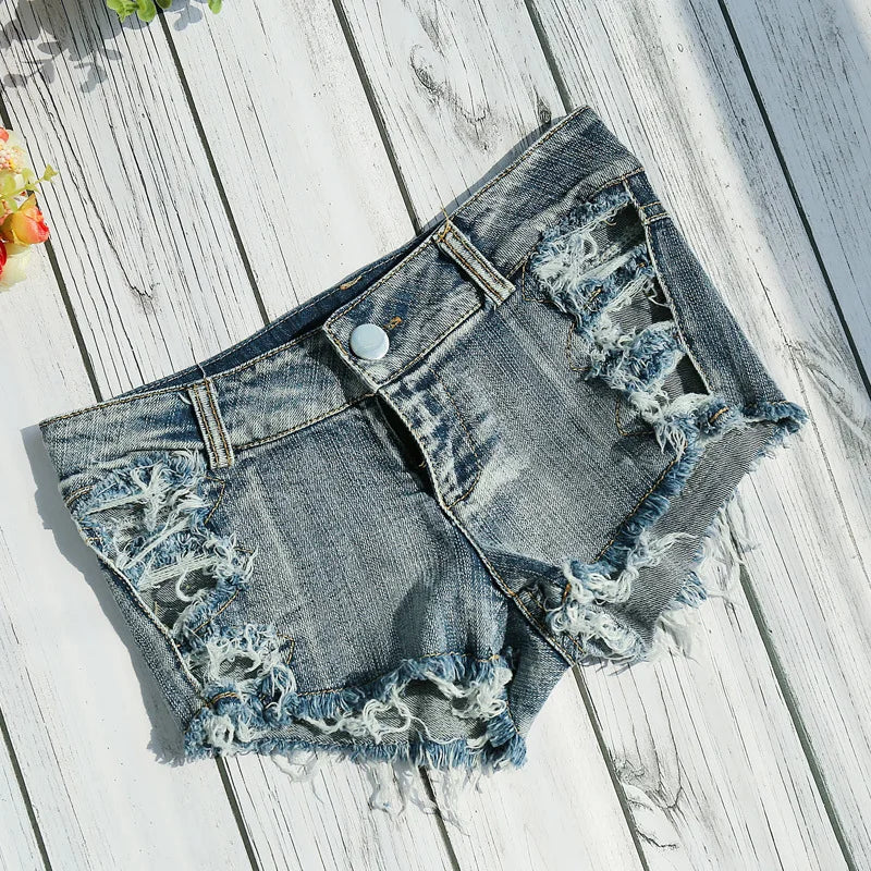 Women's Shorts Sexy Hole Rivet Low Waist Thong Denim Ultra Mini Short Female Bikini Jeans Feminino Nightclub