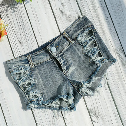 Women's Shorts Sexy Hole Rivet Low Waist Thong Denim Ultra Mini Short Female Bikini Jeans Feminino Nightclub
