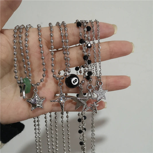 Kpop Vintage Punk Silver Color Star Pendant Bead Necklace for Men Women Street Hip Hop Aesthetic Grunge Jewelry Y2K Accessories