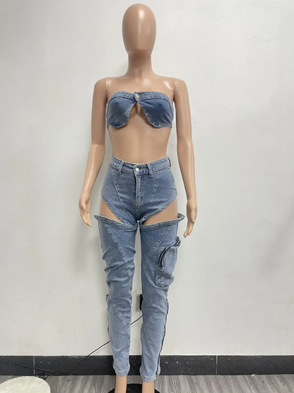 Hollow Out Jeans Pants Outfit Set Sexy Women Elegant Two Pieces Denim Club Matching Set Top+Trousers