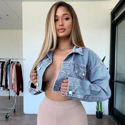 Distressed Denim Jacket Ripped Hole Single Breasted Cardigan Coats Long Sleeve Turn Down Collar Jacket Slim Fit High Street