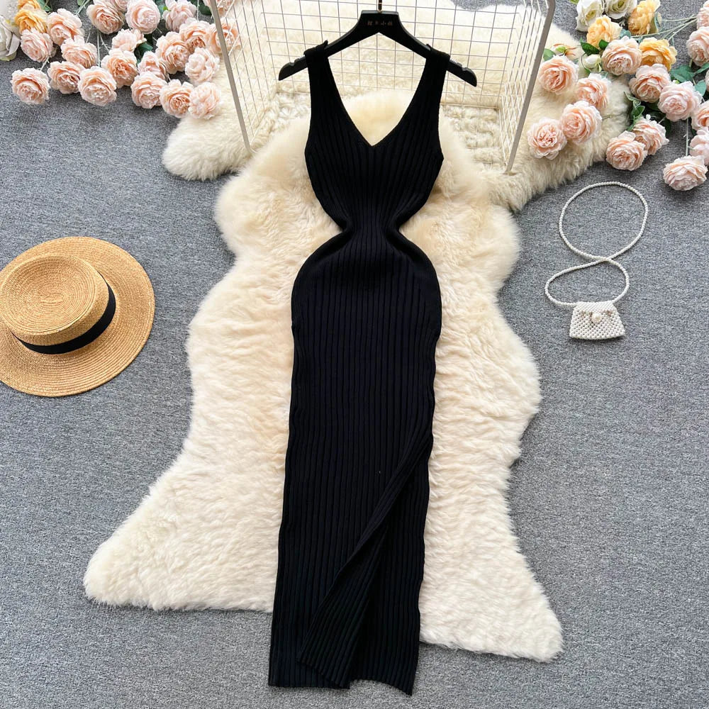 Sexy Wrap Hips Split Knitted Autumn Dress Women Slim Elastic Bodycon Long Dress Streetwear Outfits Vestido