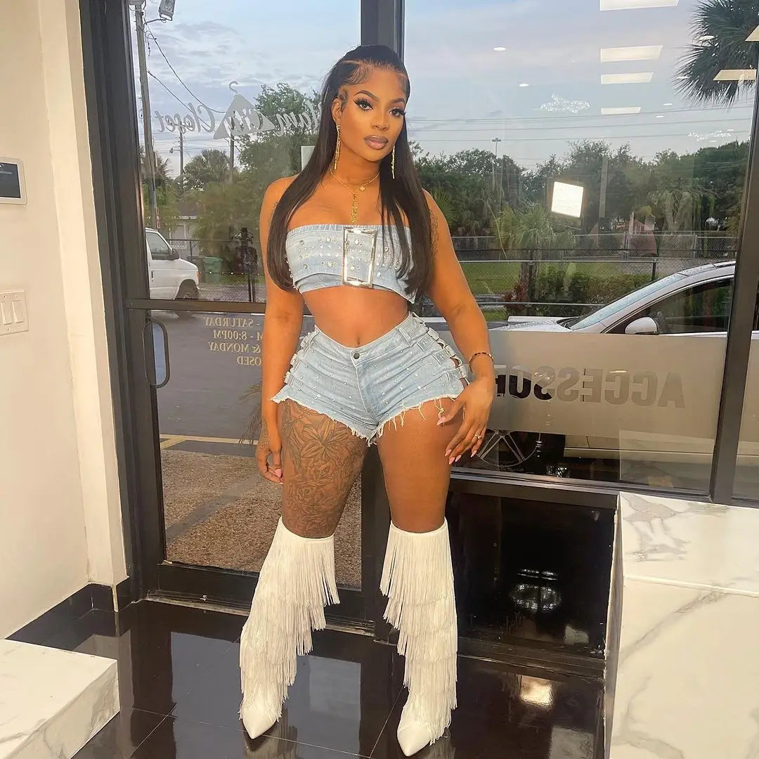 Streetwear Jeans Shorts Outfit Set Sexy Women Elegant Two Pieces Denim Club Matching Set Top+Shorts