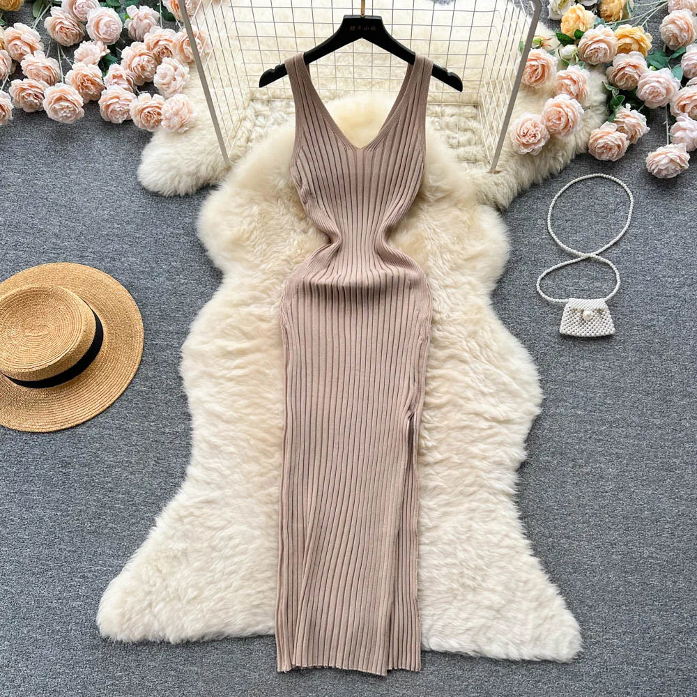 Sexy Wrap Hips Split Knitted Autumn Dress Women Slim Elastic Bodycon Long Dress Streetwear Outfits Vestido