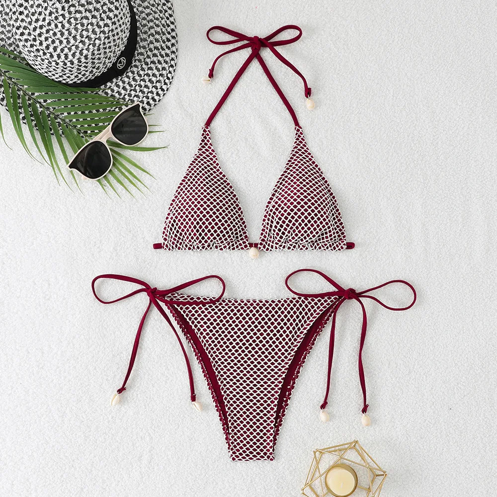 Grid Bikini Set for Women Solid Color 2 Piece Swimsuit Sexy Halter Lace-up Backless Thong Beach Vacation Swimwear 2025 New