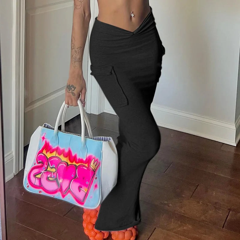 Women Casual Slim High Waist Long Skirt Versatile Irregular Slit Gray A-lined Skirts With Pocket Female Fashion Daily Streetwear