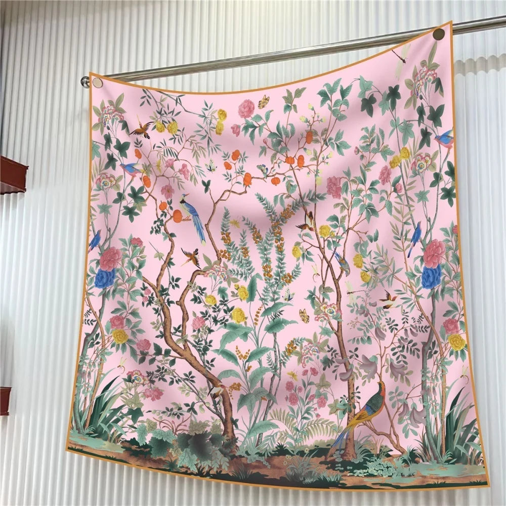 Silk Scarf Women Floral Printed Square Scarves Head Echarpes Silk Foulards Femme Wraps Beach Shawls Bandana Lady Hijabs 90CM