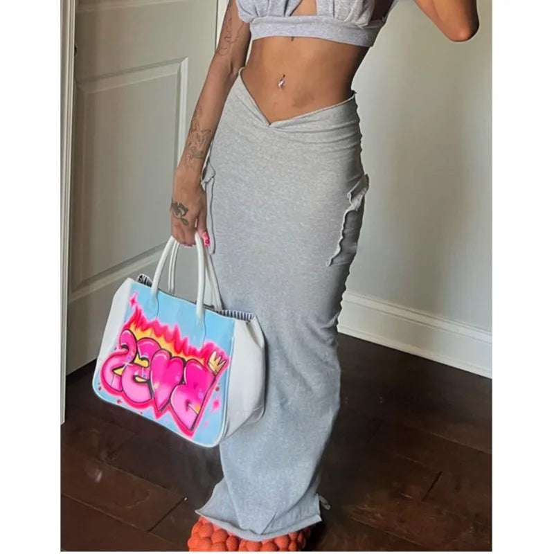 Women Casual Slim High Waist Long Skirt Versatile Irregular Slit Gray A-lined Skirts With Pocket Female Fashion Daily Streetwear