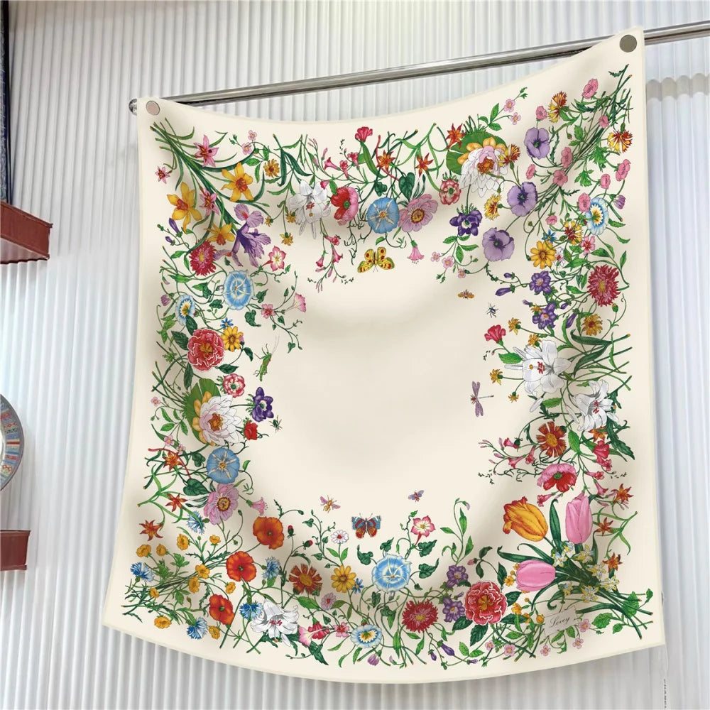 Silk Scarf Women Floral Printed Square Scarves Head Echarpes Silk Foulards Femme Wraps Beach Shawls Bandana Lady Hijabs 90CM