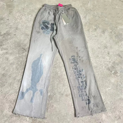 High Street Men Women Hip Hop Best Pants Vintage SAINT LOUIS Drawstring Destruction Splattered Ink Letters Print Sweatpants