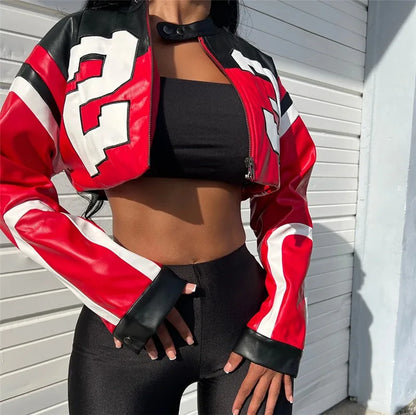 Women Faux Leather Streetwear Fashion New Jacket Letter Print Autumn Casual Sporty Wild Streetwear Uniform Trend Lady Crop Coat