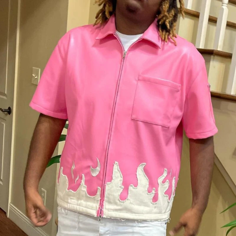 2025 New Trendy Spring and Autumn Collage Color Contrasting American Street Hip Hop Men's and Women's Zipper Shirt