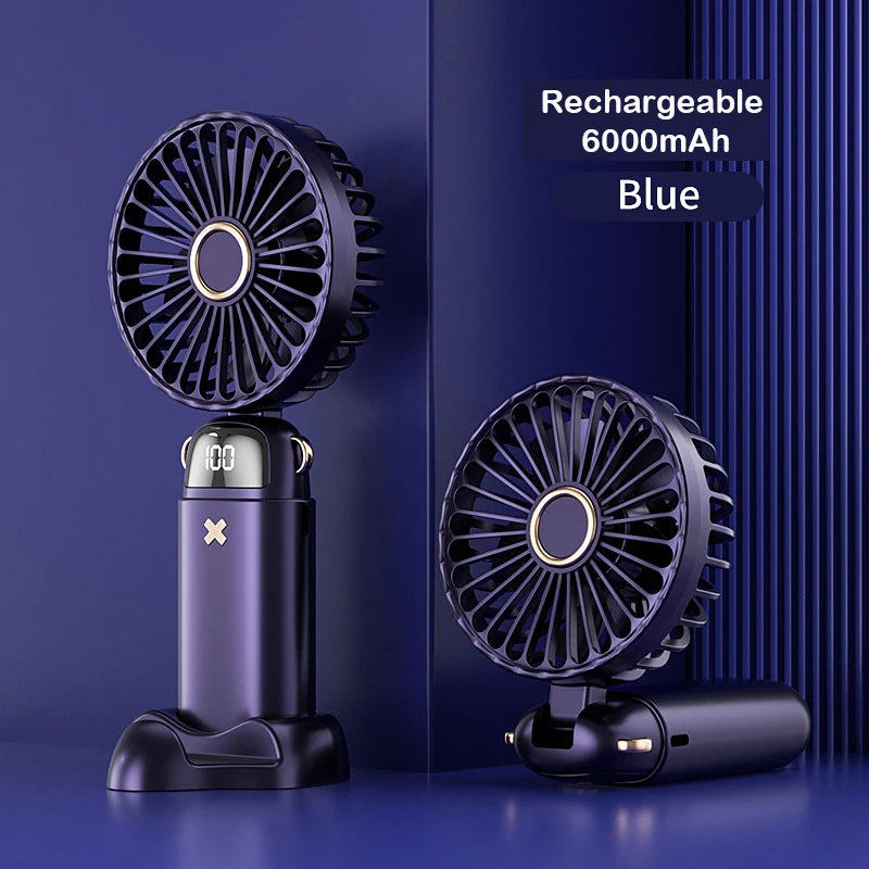 6000mAh Mini Handheld Fan 5 Speeds USB Charging Hanging Neck Fan LED Digital Display For Outdoor Sport Student Office Desk Fan
