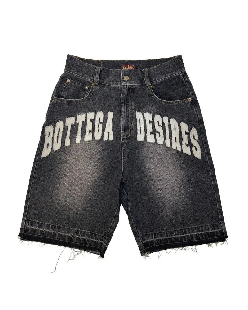 American Street  Retro Denim Shorts with Letter Embroidery Oversized Jeans Men  Loose Casual Versatile Shorts