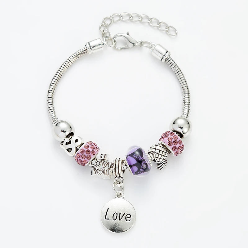 Round Letter Love Zircon Crystal Pendant for Women's Fashion Pandora Collection Charm Jewelry Gift Party Charm Beaded Bracelet