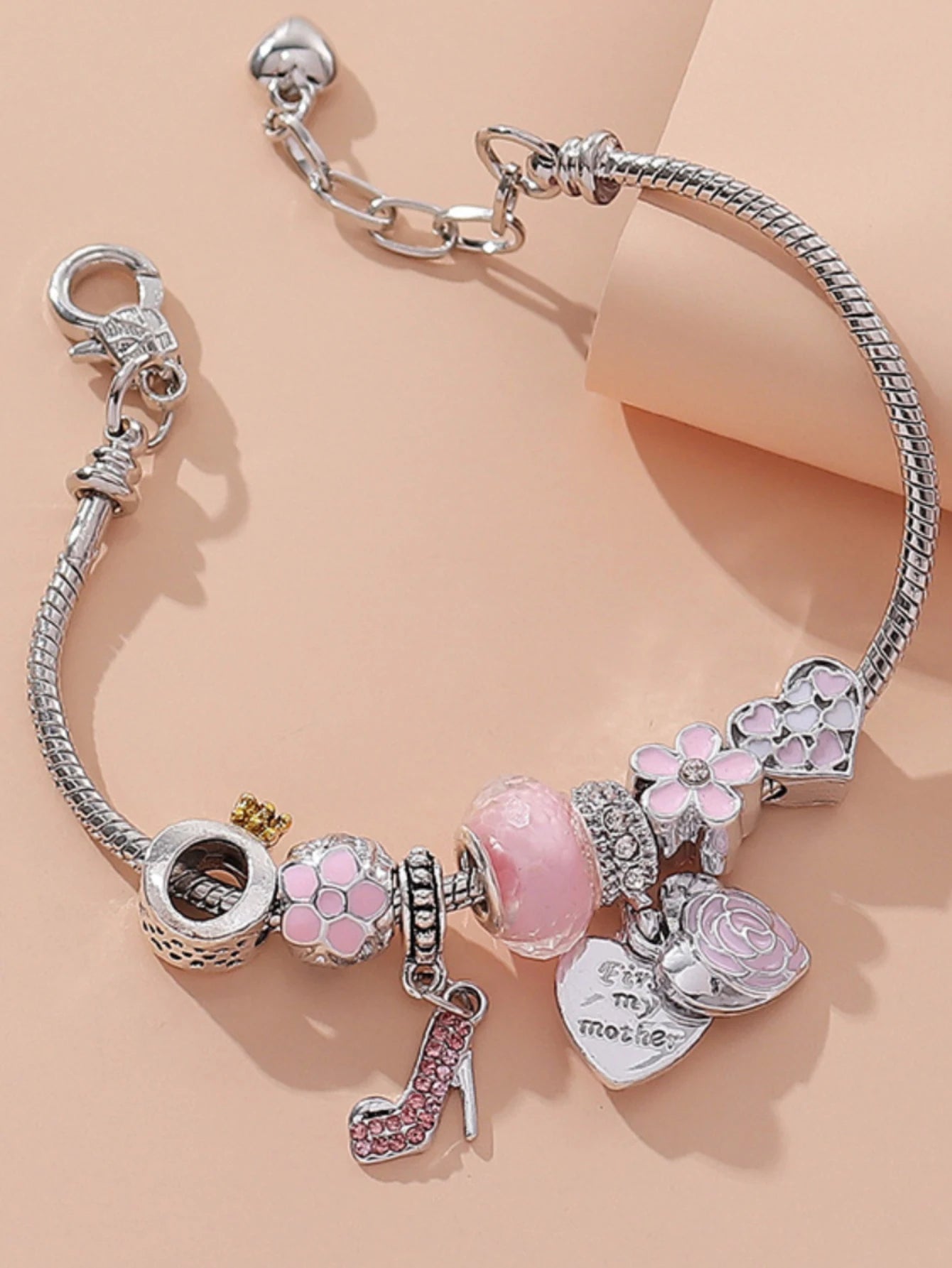 1pc Fashion DIY Beaded Peach Heart Pendant Women's Chain Bracelet Daily Accessories
