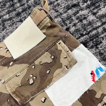 Summer Fashion Camouflage Splicing Leather Letter Washed Retro Knee Jeans Men Women Shorts