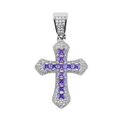 New Iced Out Bling Cross Pendant Necklace Silver Color Rectangle CZ Cubic Zirconia Blue Pink Charm Hip Hop Men Jewelry