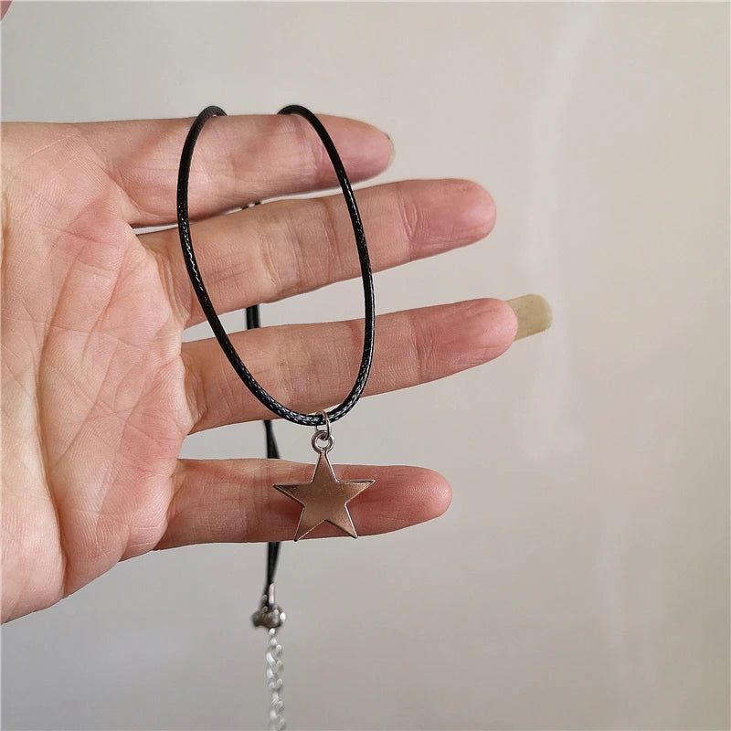 Kpop Vintage Punk Silver Color Star Pendant Bead Necklace for Men Women Street Hip Hop Aesthetic Grunge Jewelry Y2K Accessories