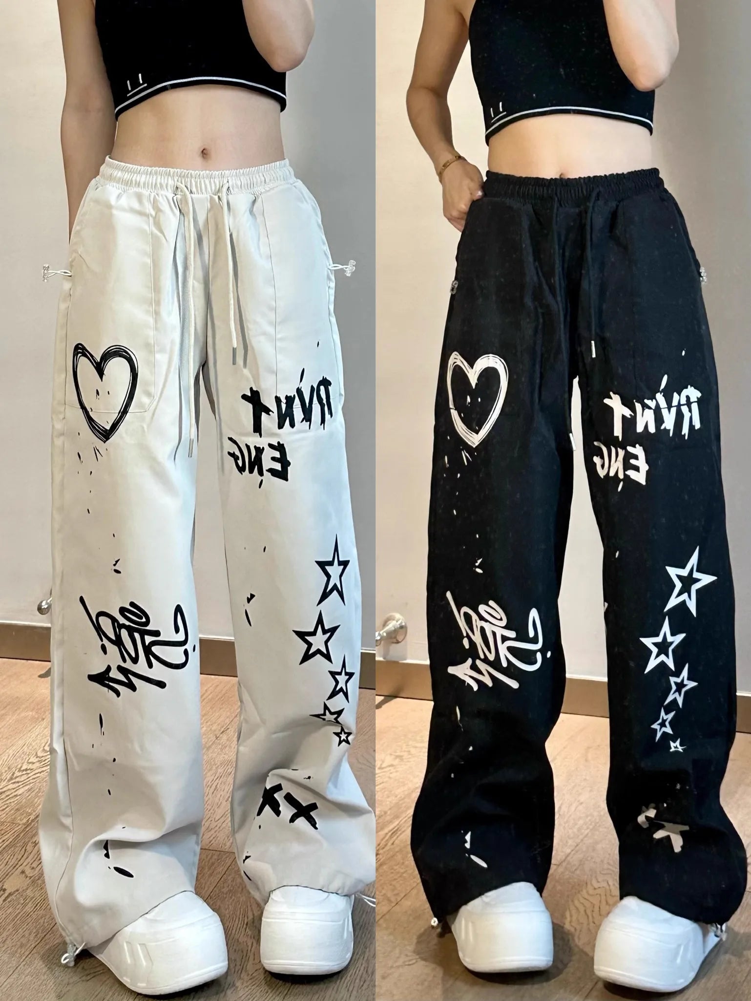 American retro graffiti summer casual solid color straight leg pants for men and women High street jazz hip hop wide leg sports